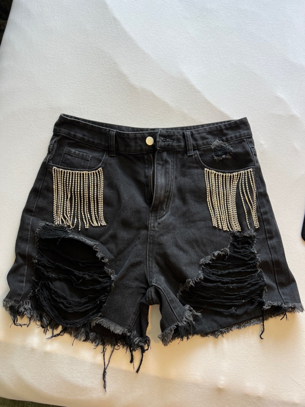 Cider Black Distressed Denim Shorts with Beaded Fringe
